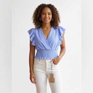 Blue Ruffle Sleeve Surplice Blouse OS Fits Small